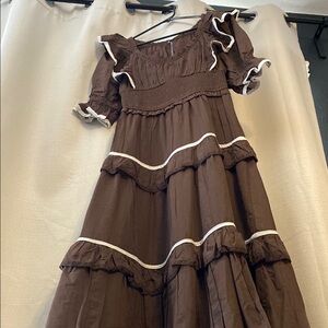 Anthropologie Brown Maxi Dress with White Trim